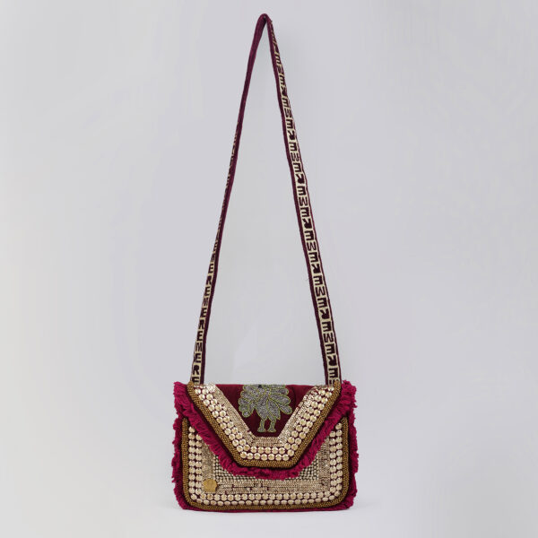 Wine Red Jute and Velvet Clutch Bag